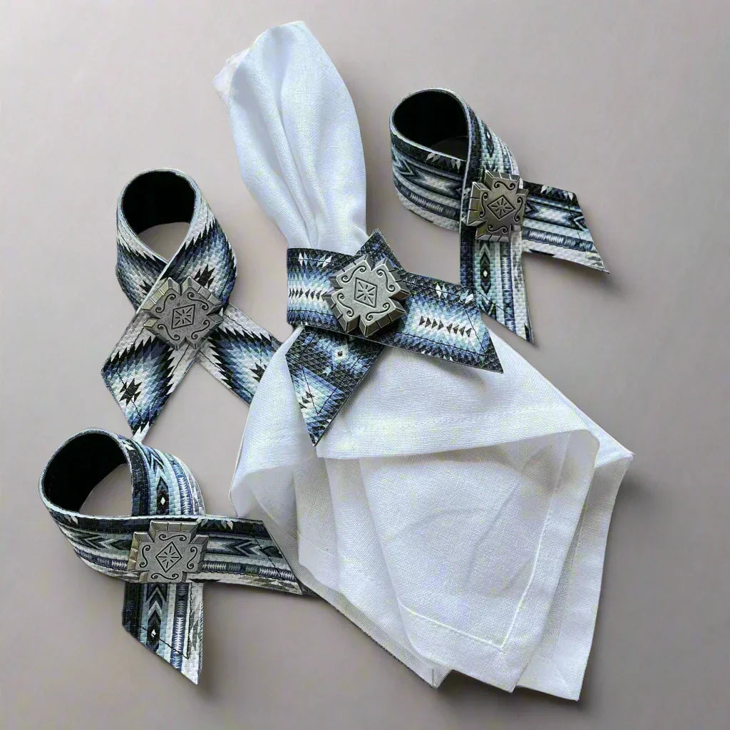 Aztec Blue Leather Napkin Rings 4-pc - Your Western Decor