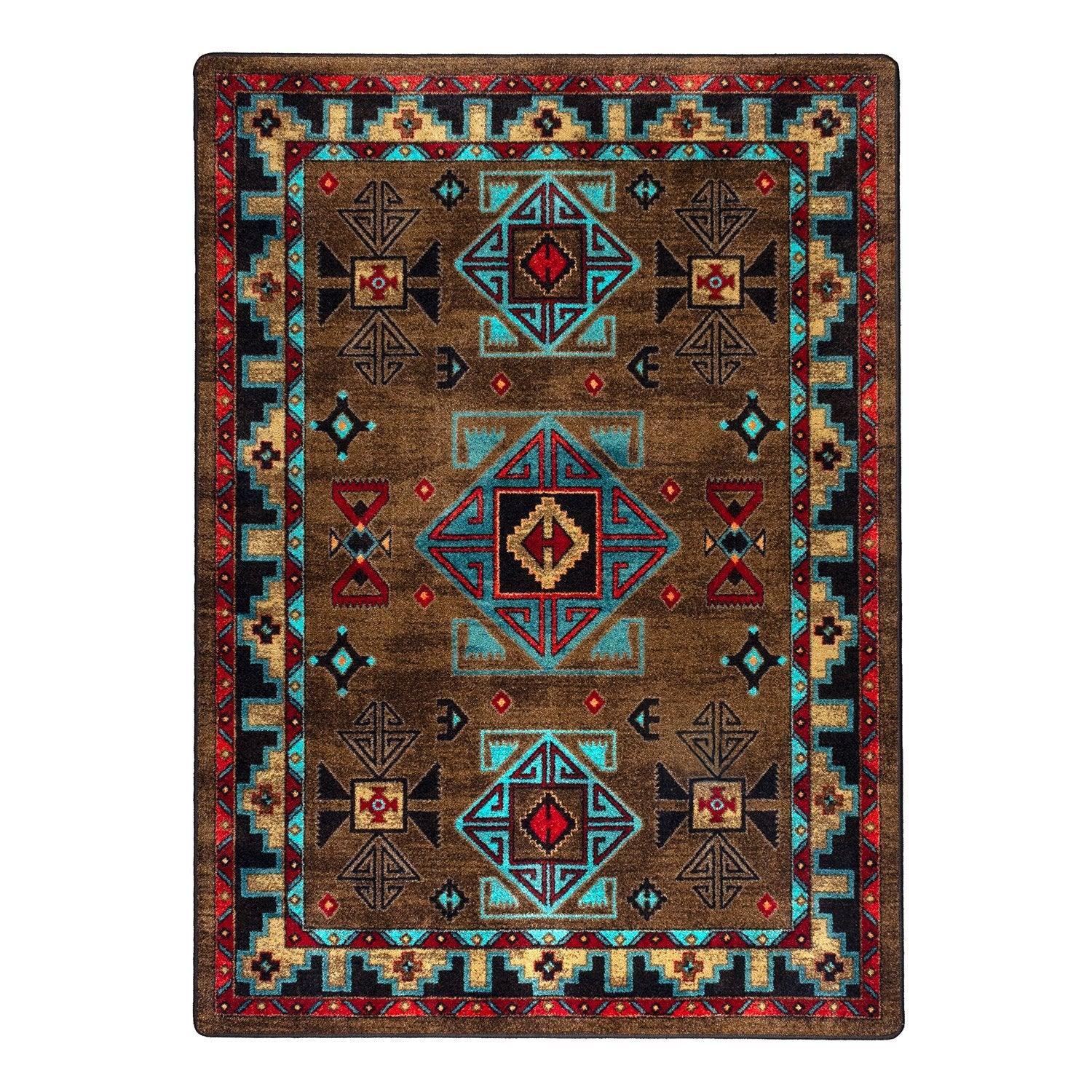 Blue Zircon Southwestern Rug in geometric patterns of turquoise, red, beige and black over distressed brown background