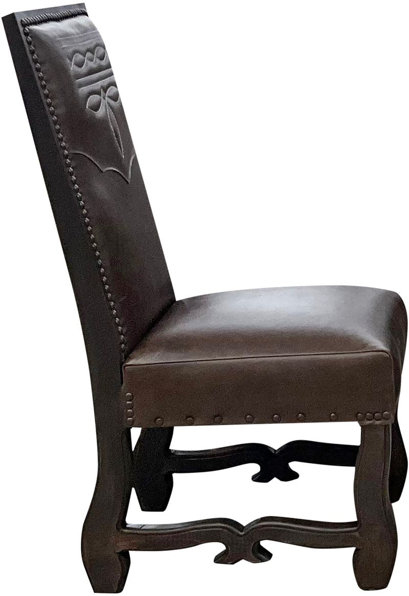 Brown leather chair with decorative western boot stitch on backrest - Your Western Decor