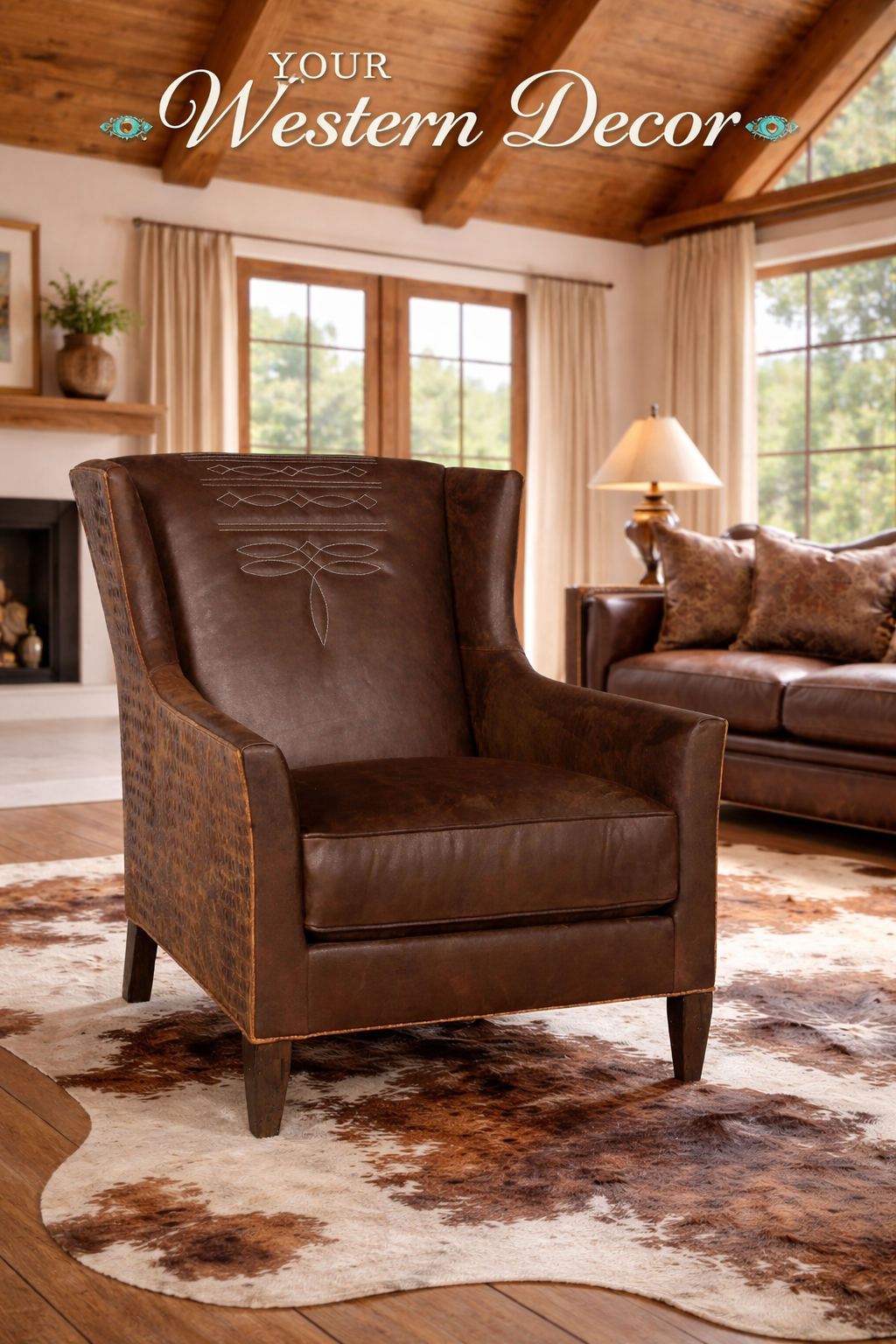 western boot stitch leather lounge chair with croc embossed sides in rich brown leather, handcrafted ranch style accent chair made in USA