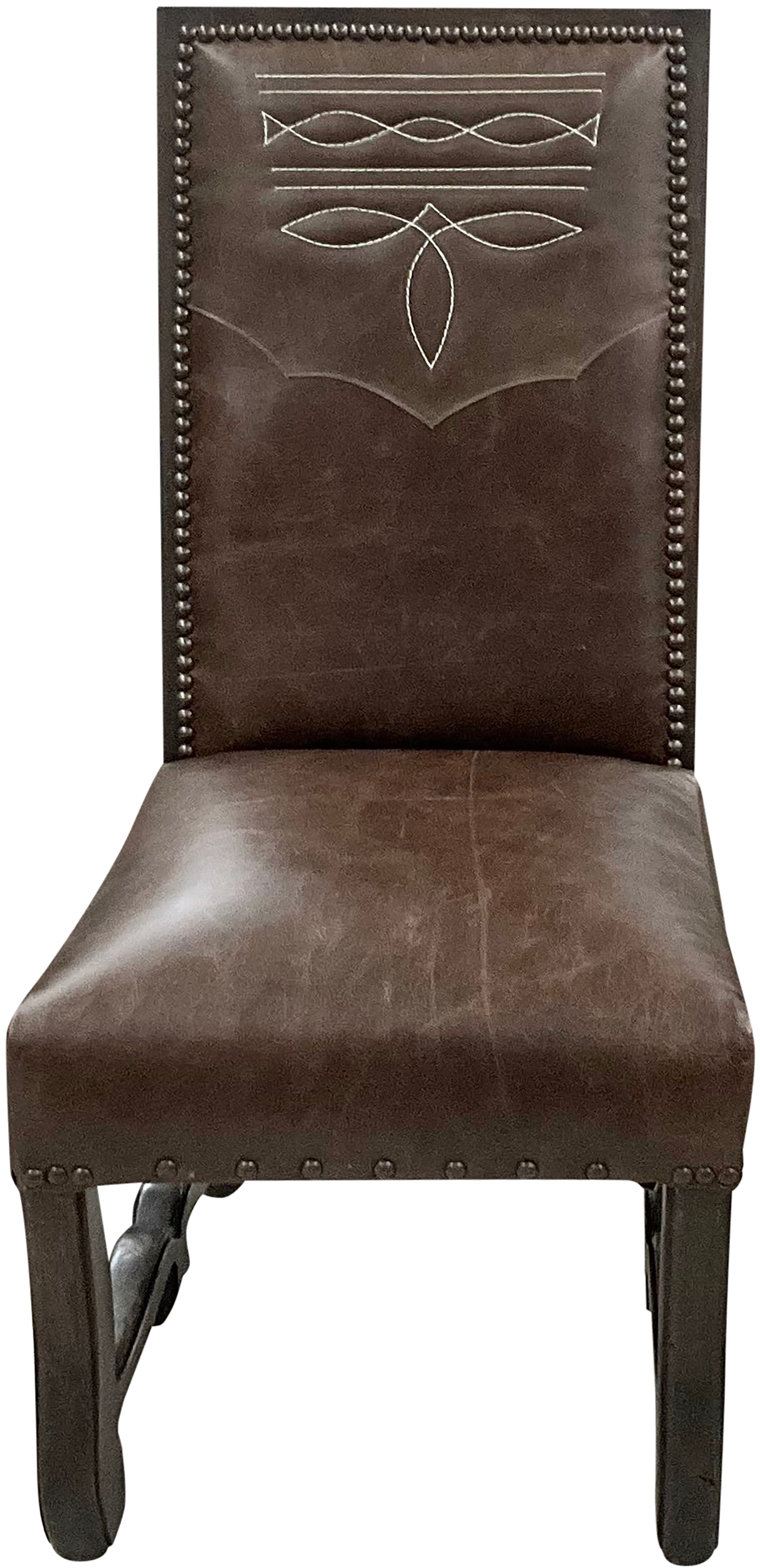 Brown leather chair with decorative western boot stitch on backrest - Your Western Decor