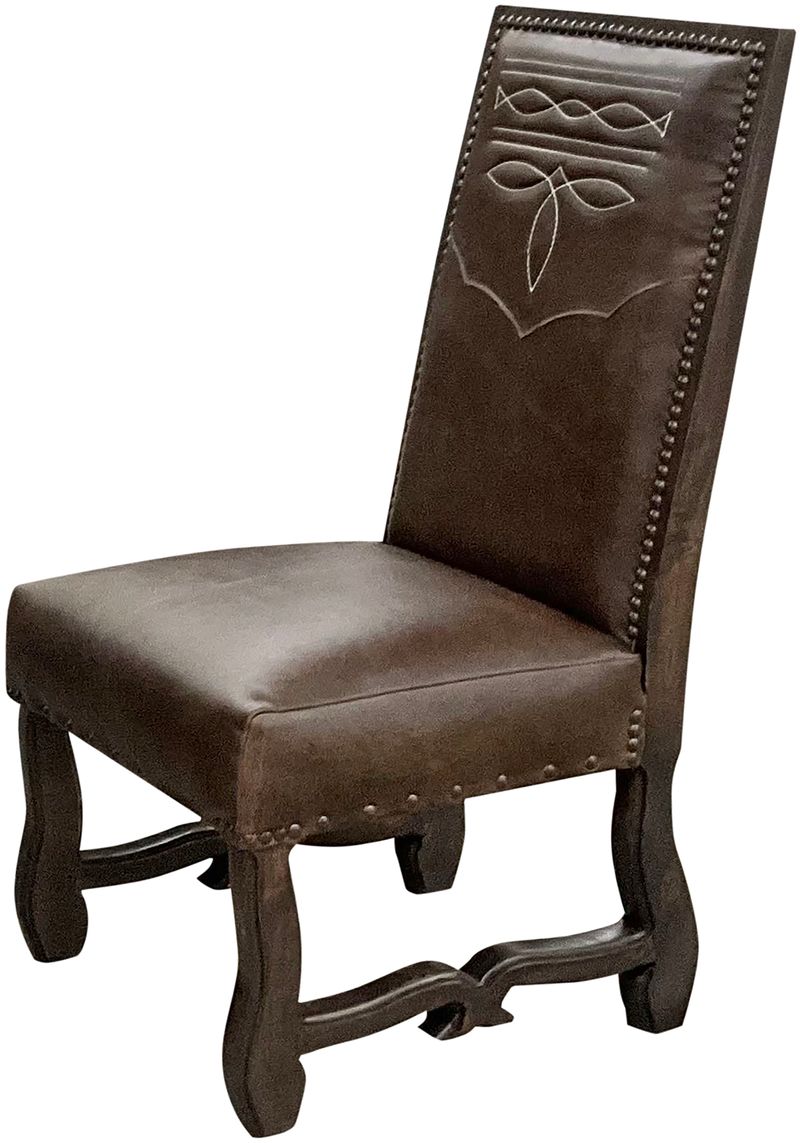 Brown leather chair with decorative western boot stitch on backrest - Your Western Decor