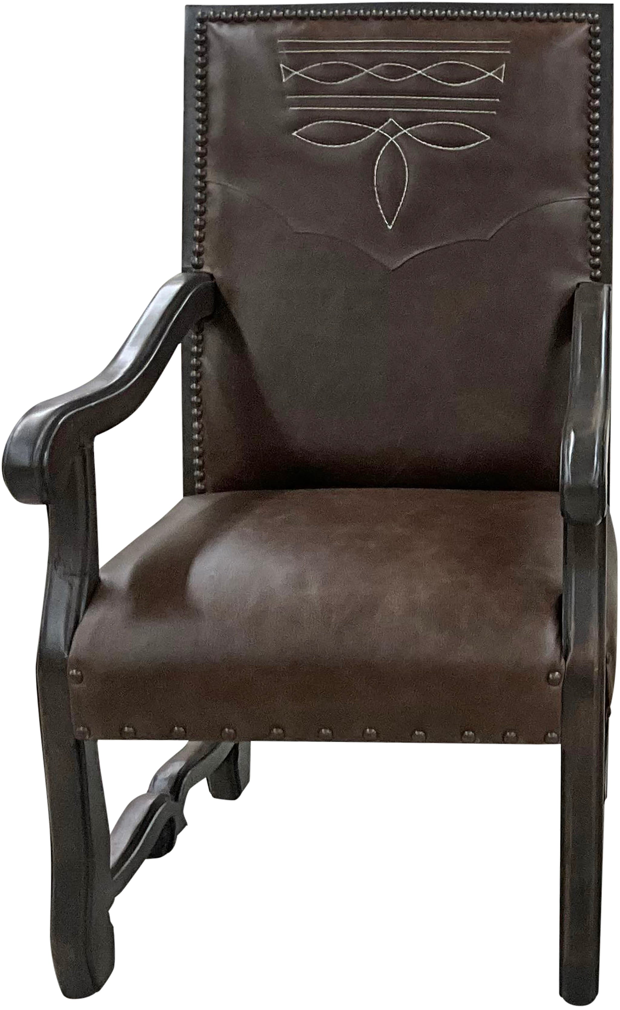 Brown leather chair with arms and decorative western boot stitch on backrest - Your Western Decor