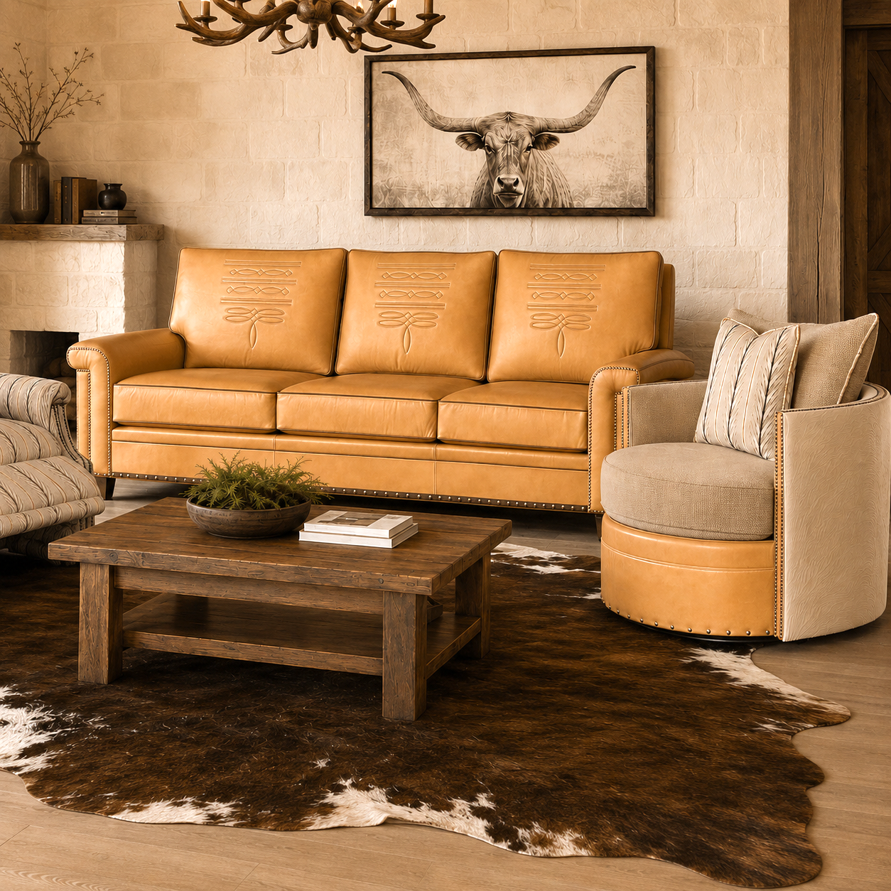 High-end western leather couch with boot stitch accents, nail trim, and whip stitching shown with cowhide, leather, and fabric swivel chair