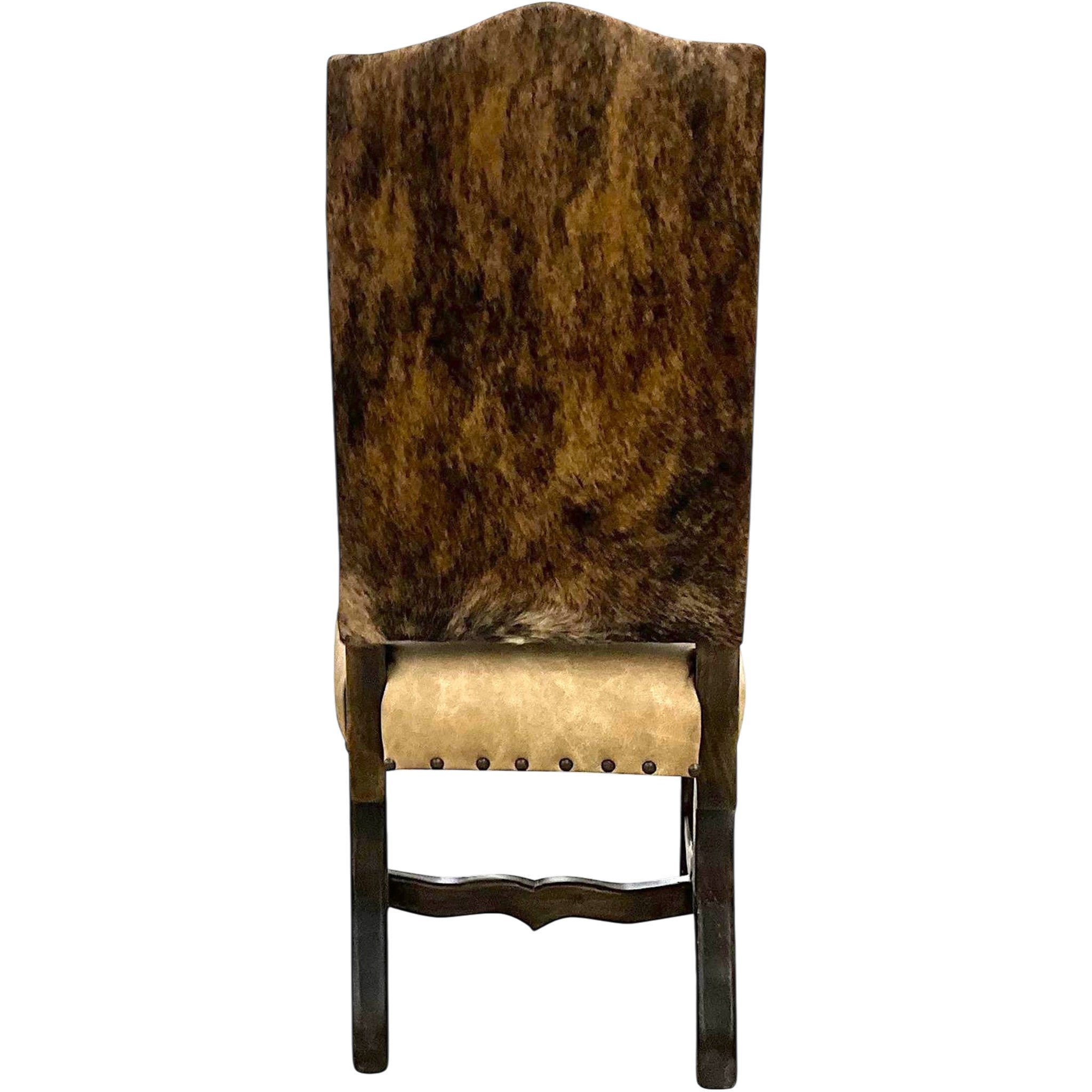 Back of leather dining chair showing brindle cowhide upholstery