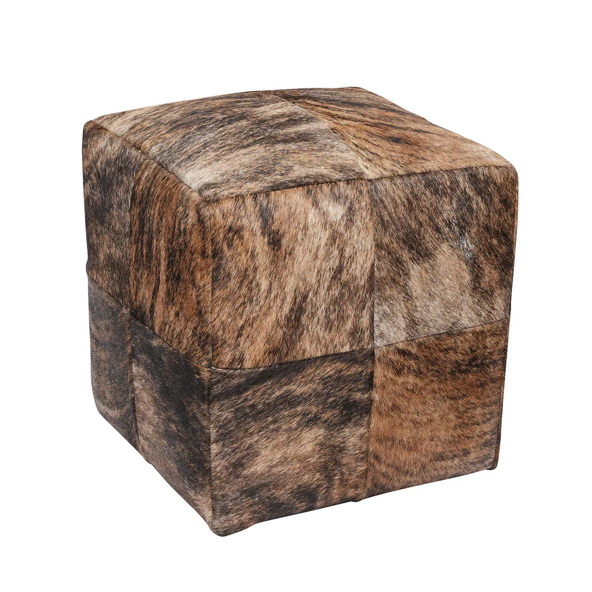 Cube-shaped brindle cowhide ottoman patchwork pattern on a white background - Your Western Decor