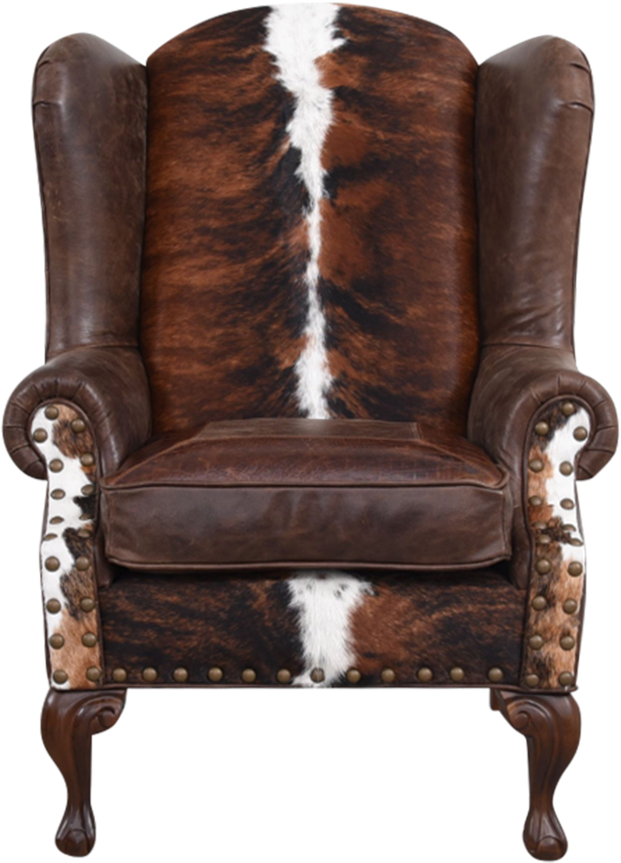 Wingback chair with brown and white cowhide pattern and studded details - Your Western Decor