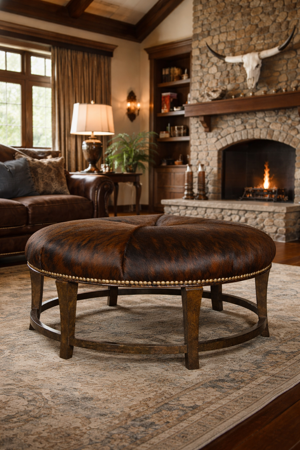 Open wood frame round ottoman with dark brindle hair-on cowhide upholstered top in ranch living room
