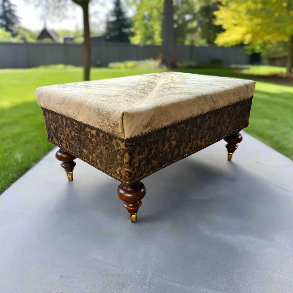 Brindle cowhide top with embossed leather lower, nail head tacking, ottoman on casters, custom made in the USA - Your Western Decor