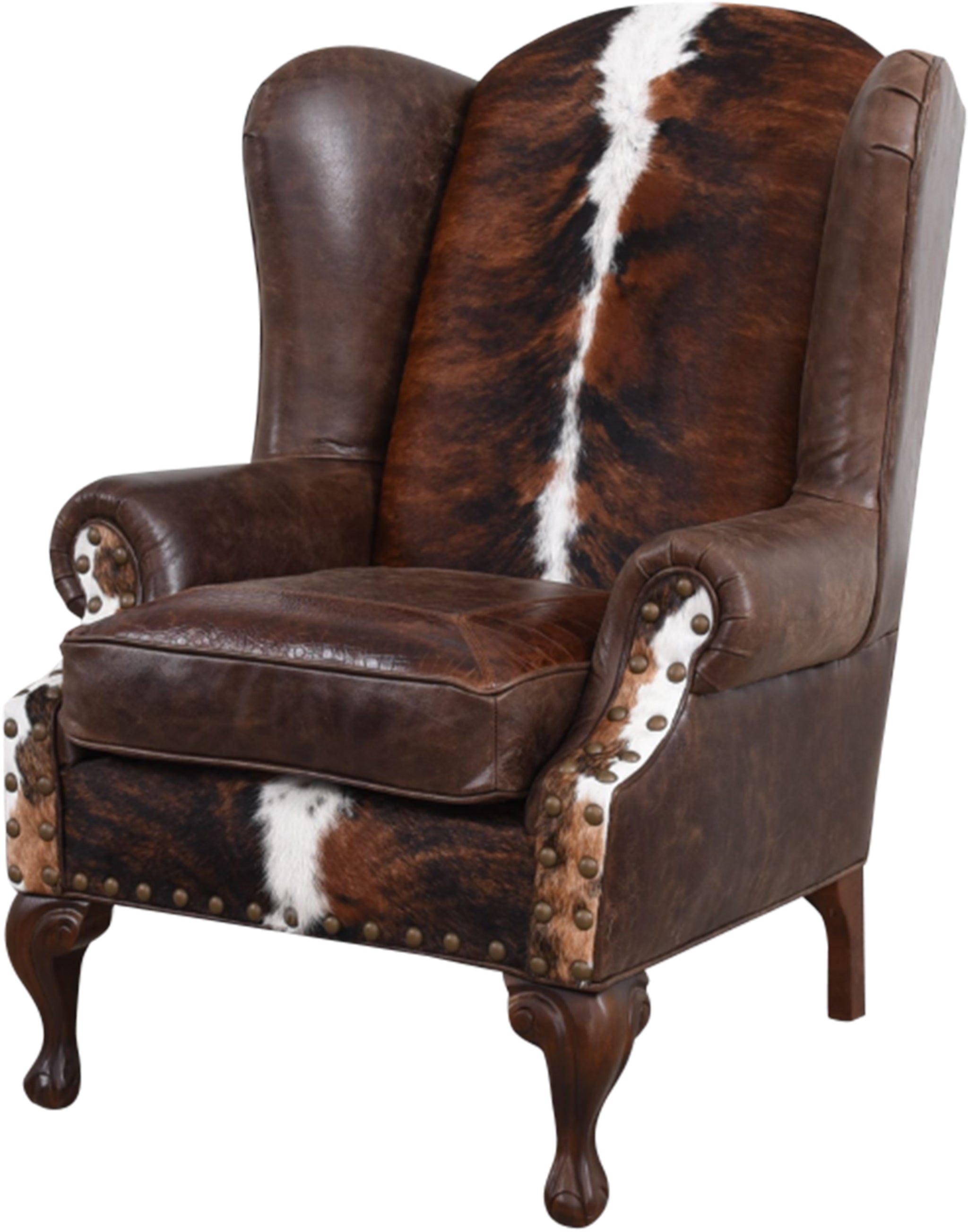 Brindle with white backbone cowhide and leather wingback western chair - Your Western Decor