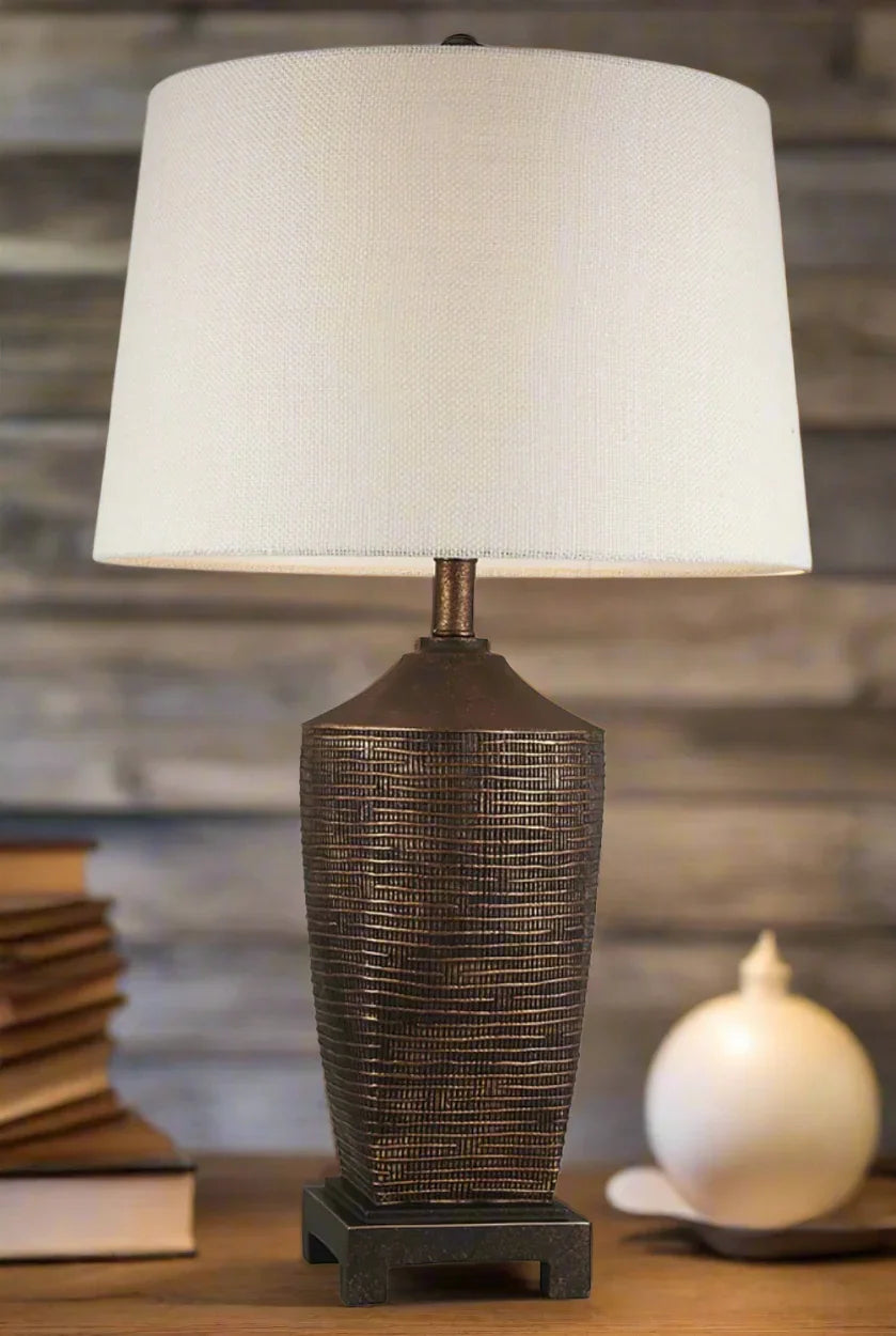 Table lamp with bronze ribbed base and off-white linen lamp shade - Your Western Decor