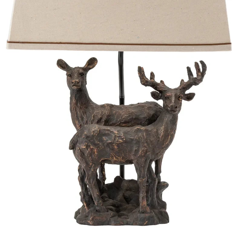 Table lamp with two deer in bronzed resin with light linen shade - Your Western Decor