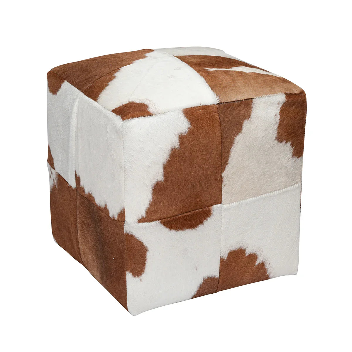 Cube-shaped ottoman with brown and white cow print pattern on a white background - Your Western Decor