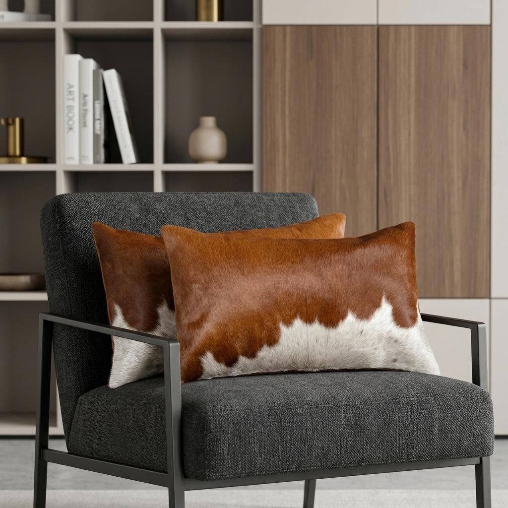 Brown and white rectangle cowhide pillows on grey accent chair