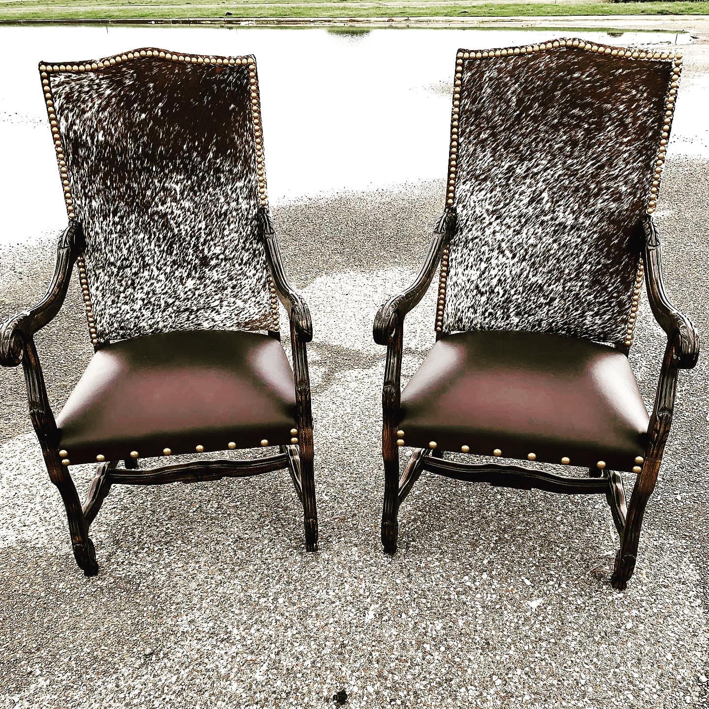 Brown and white Longhorn cowhide upholstered dining chairs - Your Western Decor