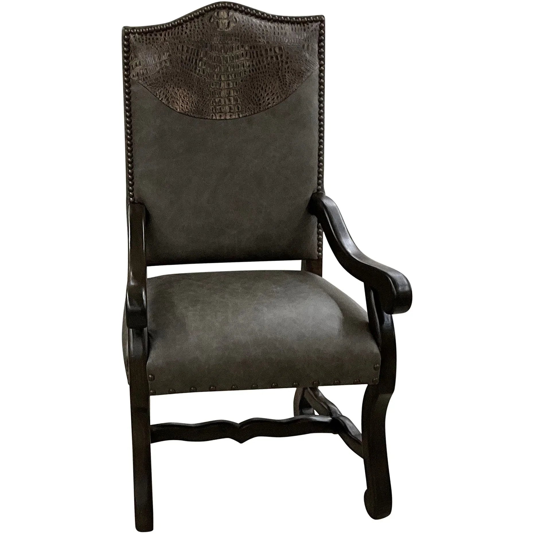 Brush creek grey leather dining chair with croc embossed yoke front view
