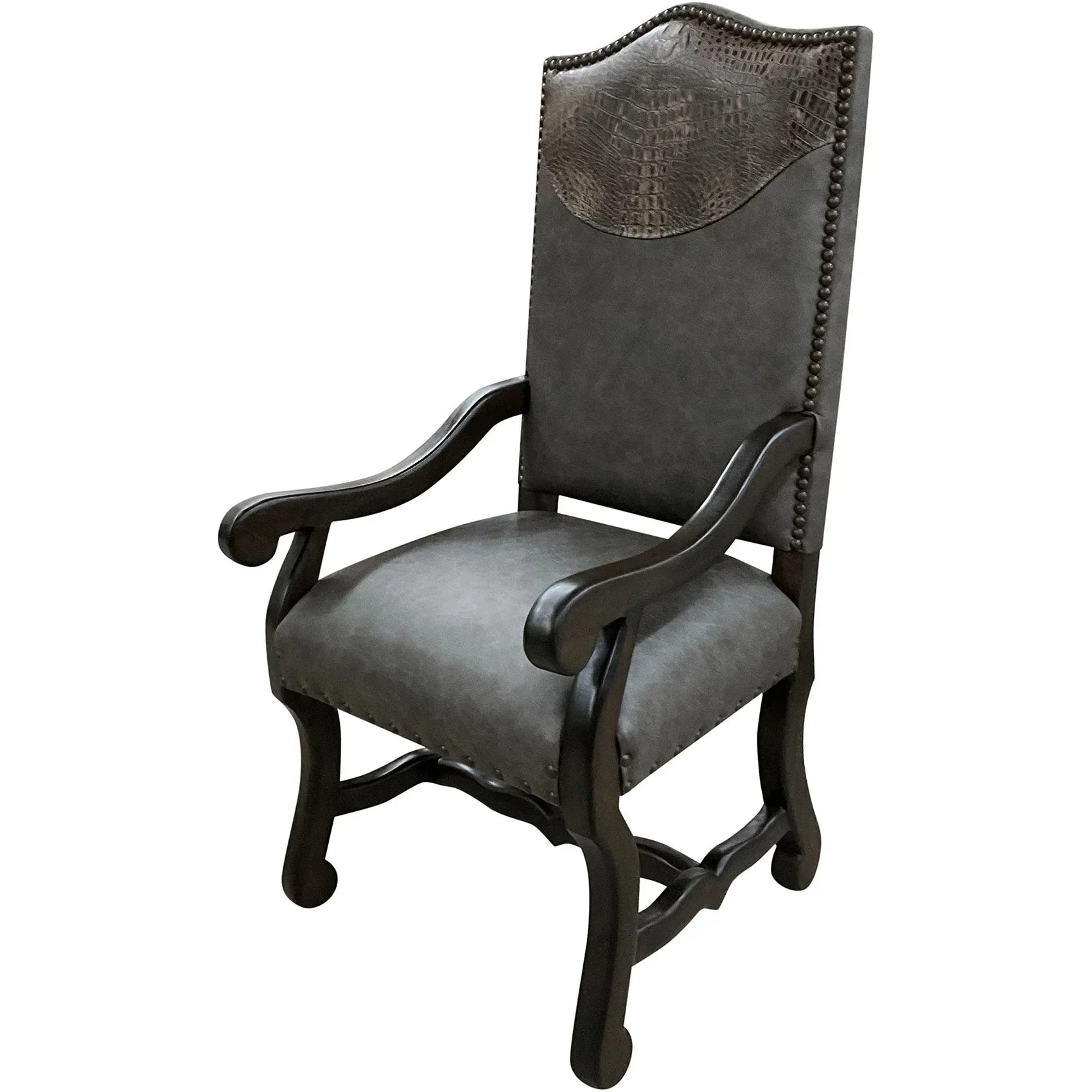 Brush creek grey leather dining chair with arms and black finished frame