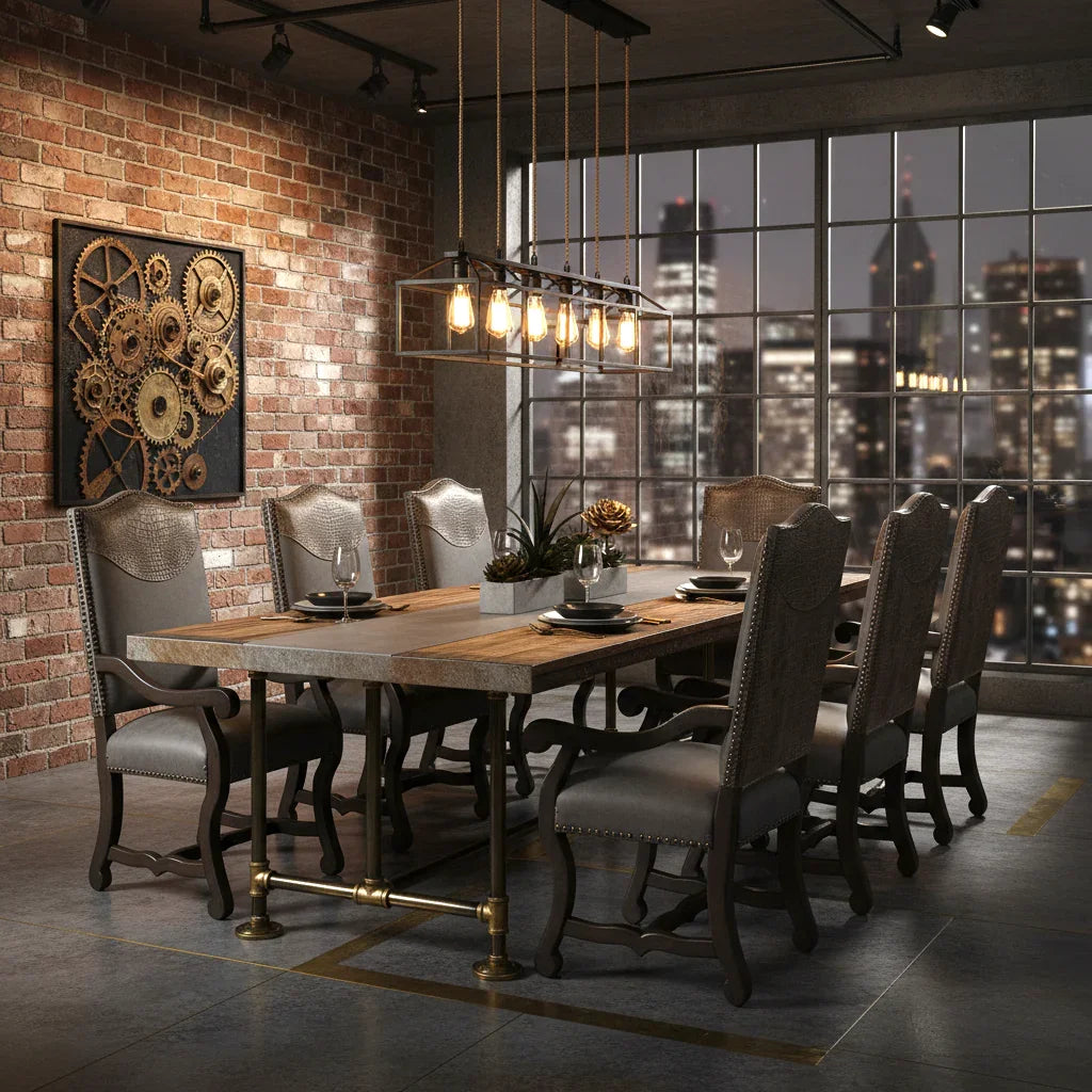 Dining room with a brick wall, wooden table, and Brush Creek leather chairs with a cityscape view