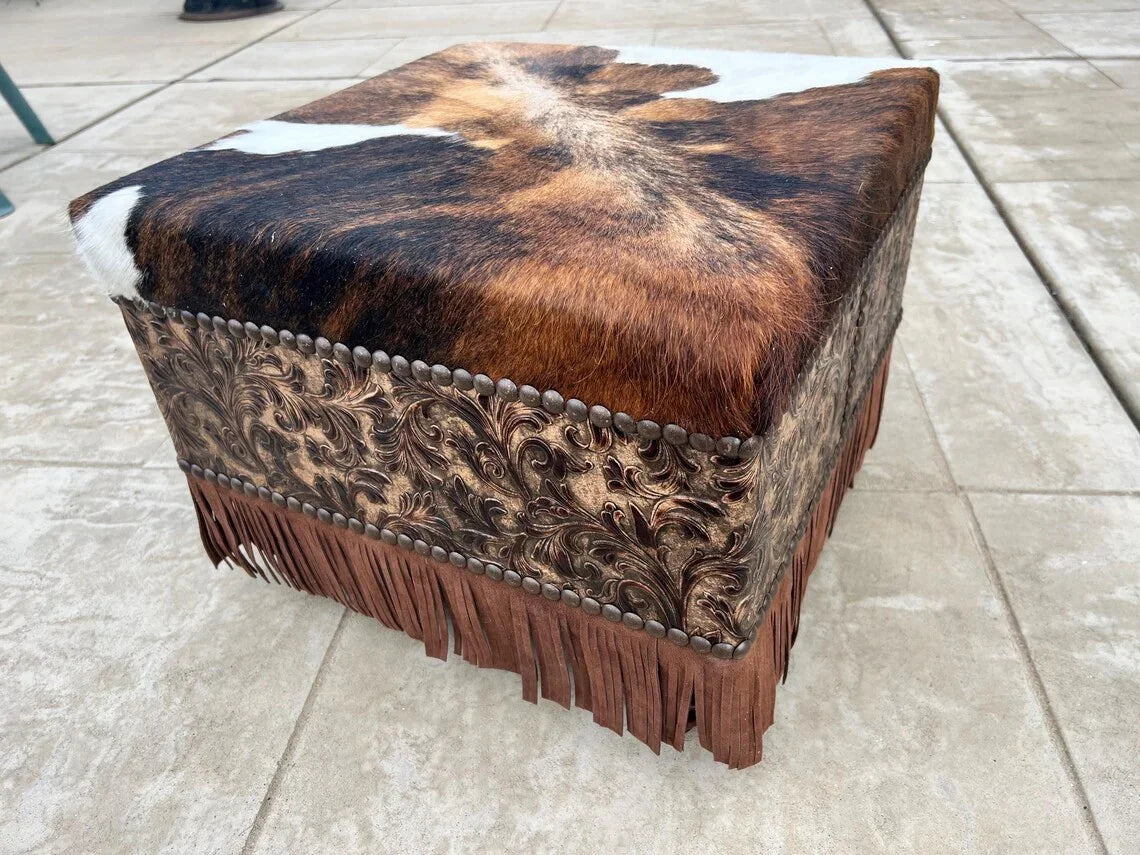 Buckeye Fringed Leather Ottoman with cowhide top made in the USA - Your Western Decor