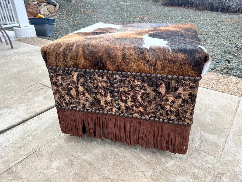 Handmade Buckeye Fringed Leather Ottoman with cowhide top made in the USA - Your Western Decor