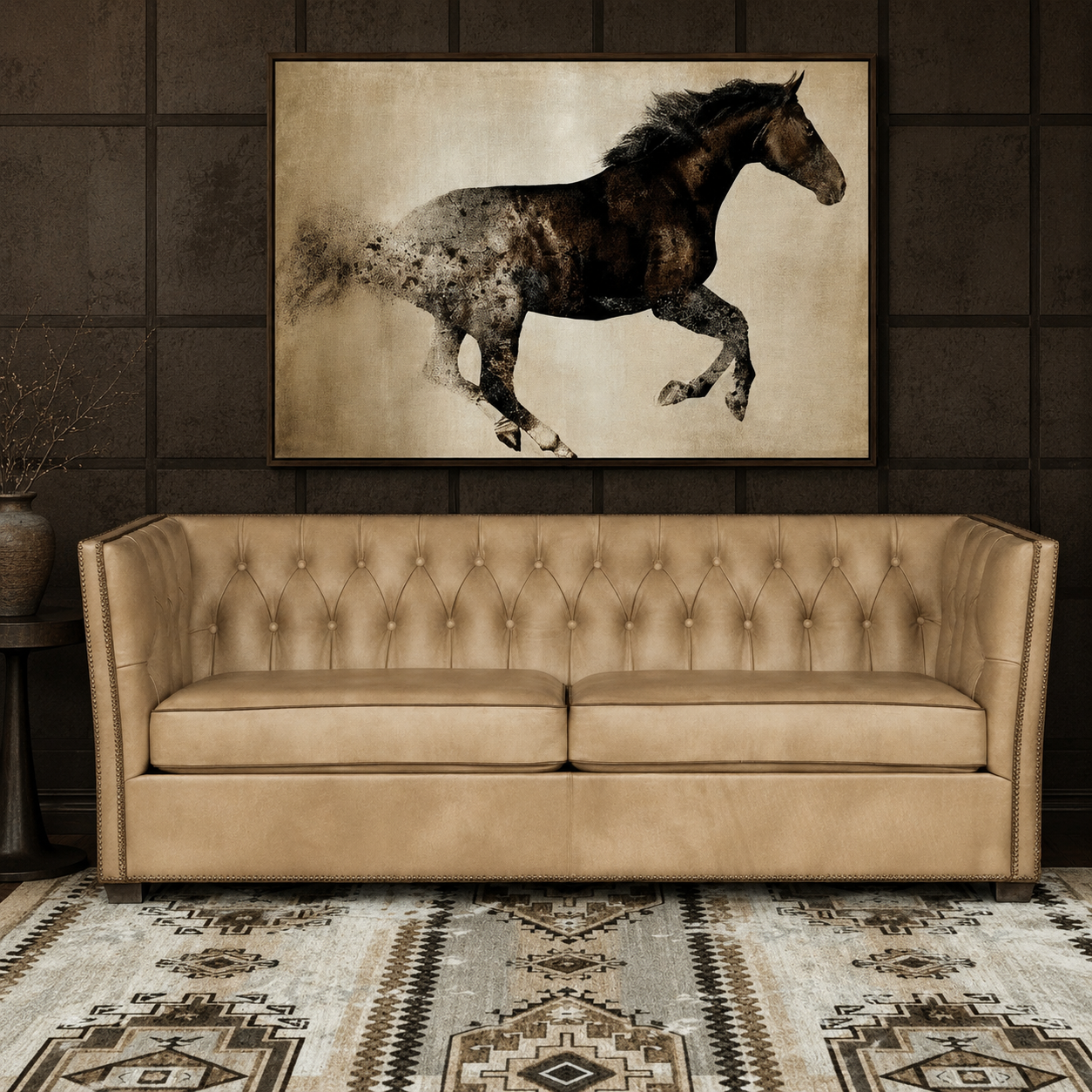 American made buckskin tufted leather sofa, running brave canvas horse art, and rio anna area rug