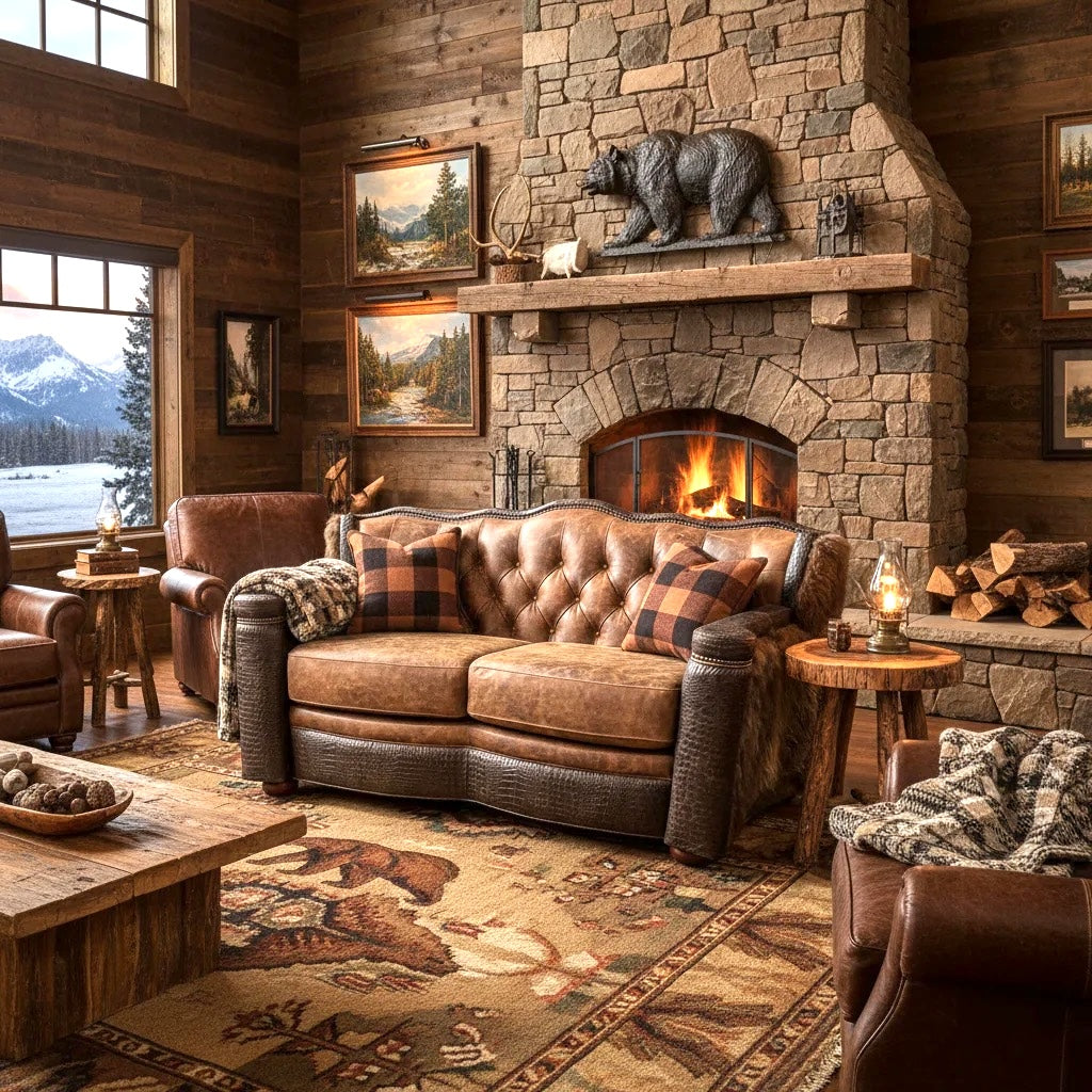 Cozy living room with stone fireplace, leather furniture, and mountain views - Buffalo Croc leather tufted loveseat - Your Western Decor
