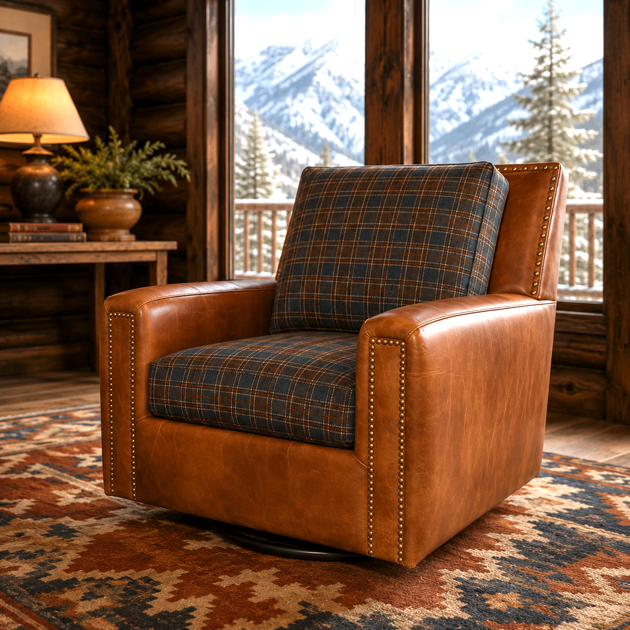 Teton Paid and burnished leather lodge swivel chair - American made