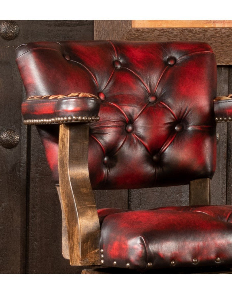 Burnished red leather bar chair with Navajo leather seat back - Made in the USA - Your Western Decor