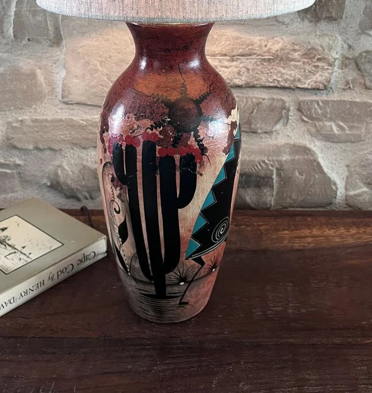 Hand Painted Southwestern Clay Lamp detail of cactus - Your Western Decor