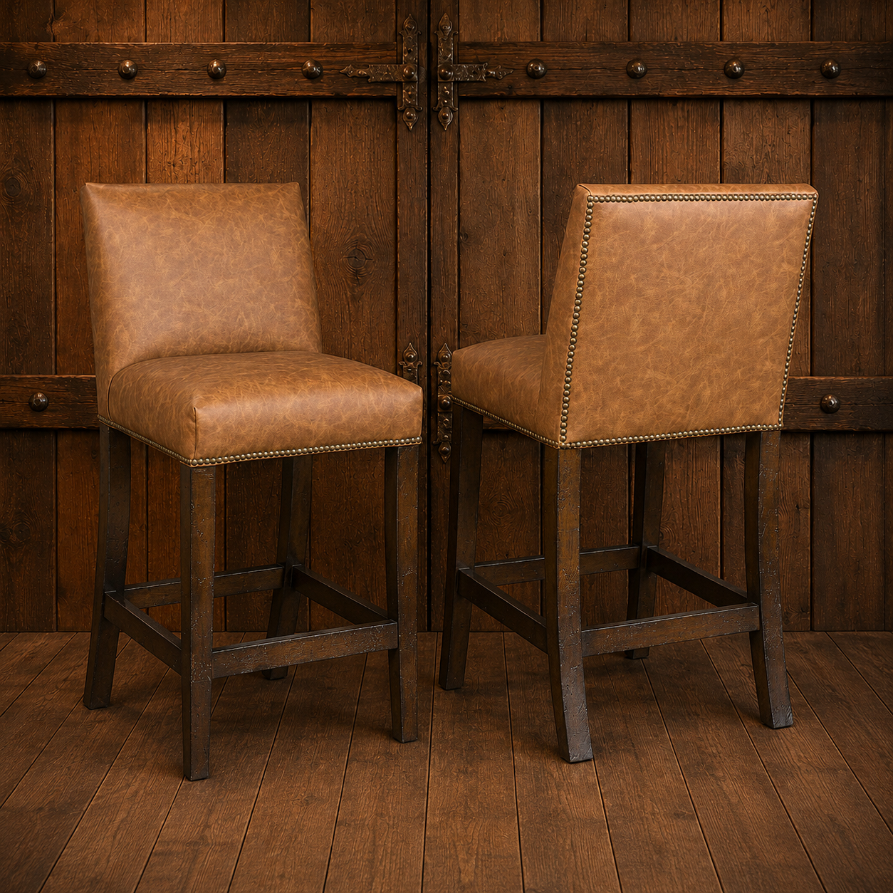 Two rustic counter stools with tan leather upholstery and dark wood frames, positioned in front of a dark wood paneled wall and floor.