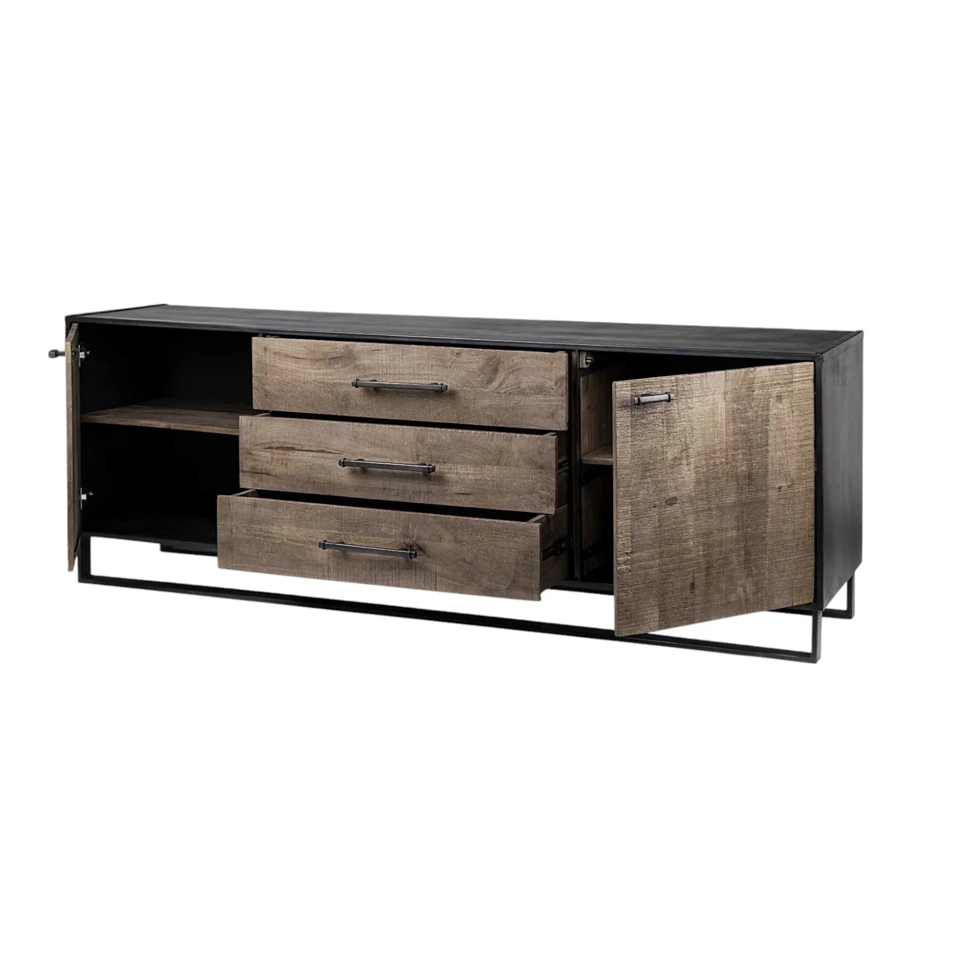 Wood and iron sideboard with cabinet door and drawers open