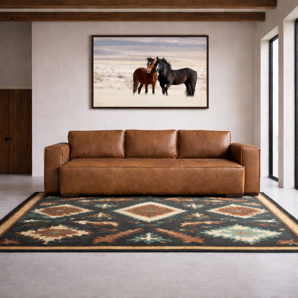 Canyon Saddle Modern Western leather sofa in pure aniline brown leather with clean track arms, wide seat, and dark wood block feet, shown in a modern ranch living room with Southwestern area rug and framed horse artwork.