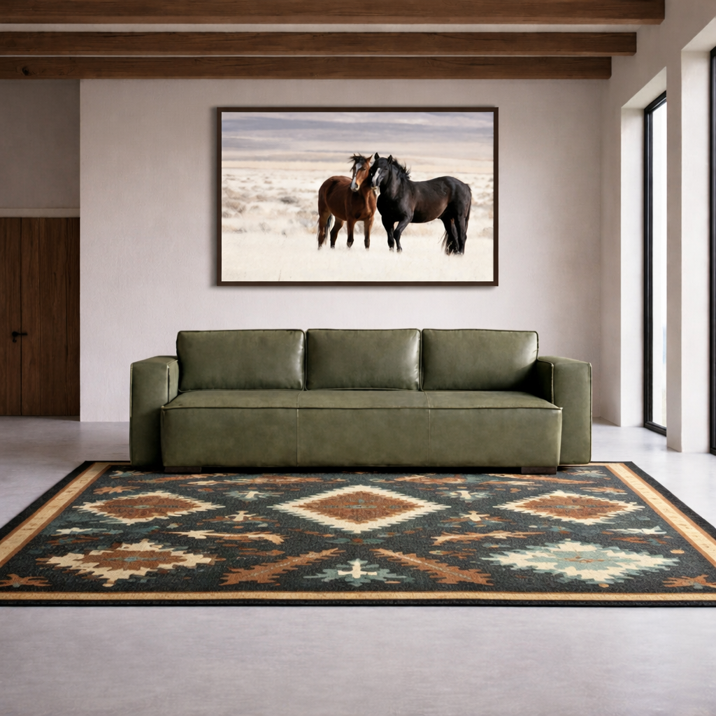Sage green modern rustic leather sofa in rustic western bright room with Southwestern rug and canvas horse art, all American made pieces