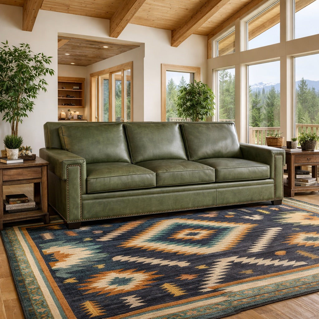 Green sage leather sofa staged in a bright modern ranch living room with high wood beam ceilings, floor-to-ceiling windows, rustic wood end tables, and southwestern geometric Horizon Gem area rug