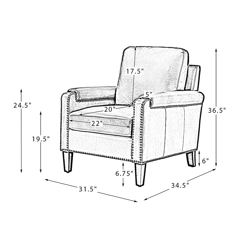 Carson camel leather chair showing smooth genuine leather upholstery and structured silhouette with dimensions