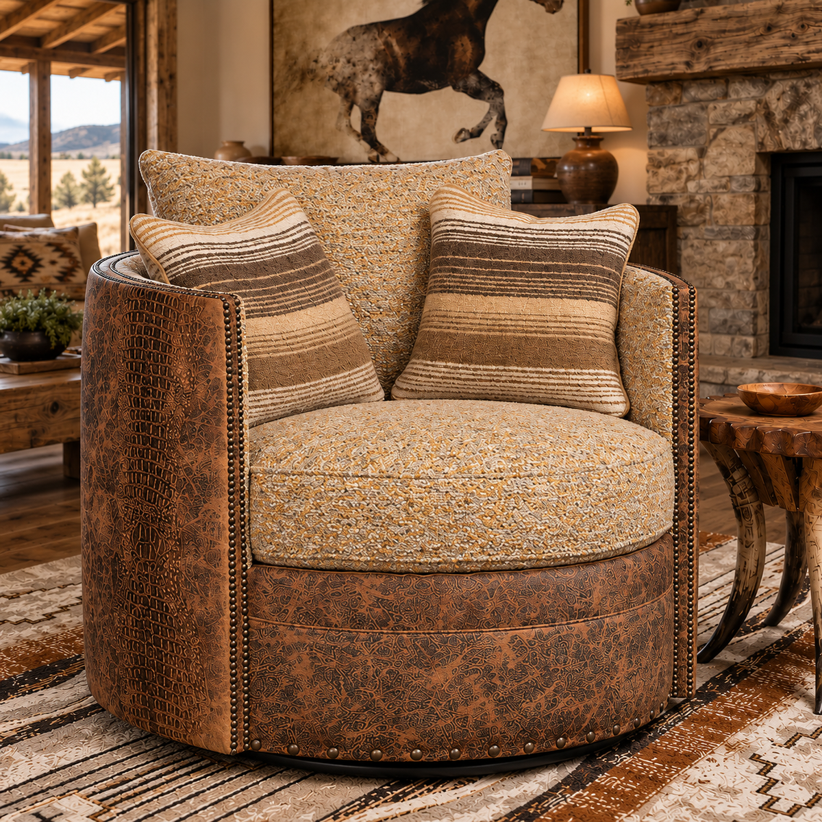 Round fabric and leather upholstered barrel swivel chair with 3 accent pillows and nail trim