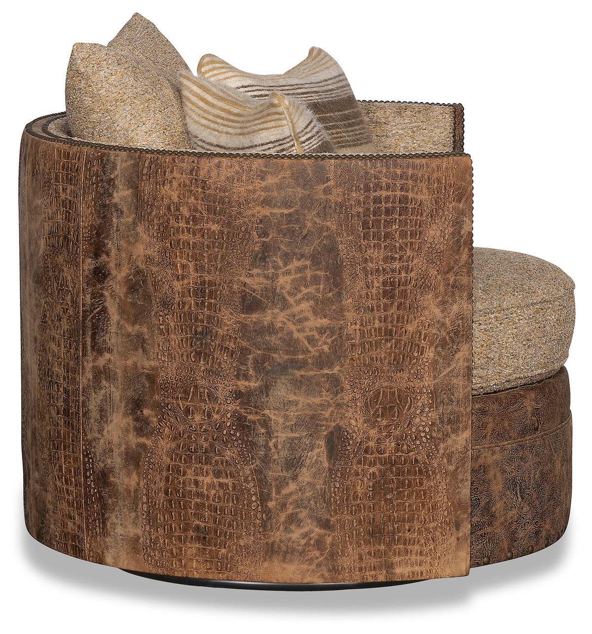 gator embossed leather on outside of barrel swivel chair