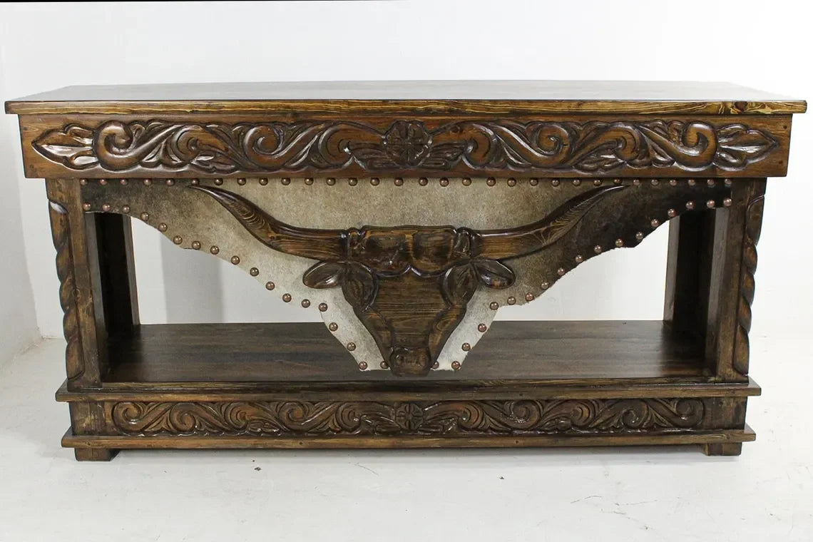 Longhorn carved wood and cowhide storage console table - Your Western Decor