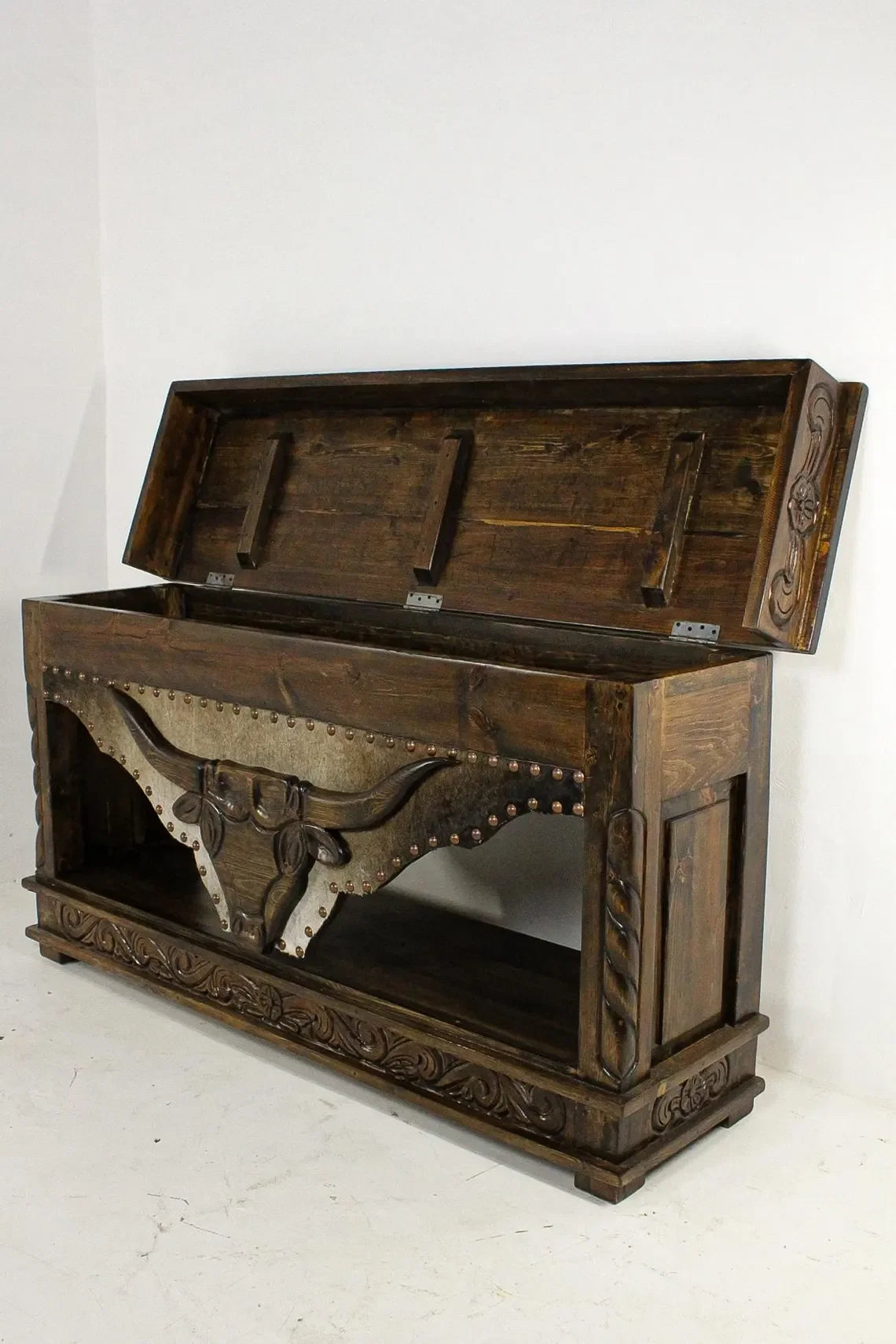 Hand carved longhorn storage console table - Your Western Decor