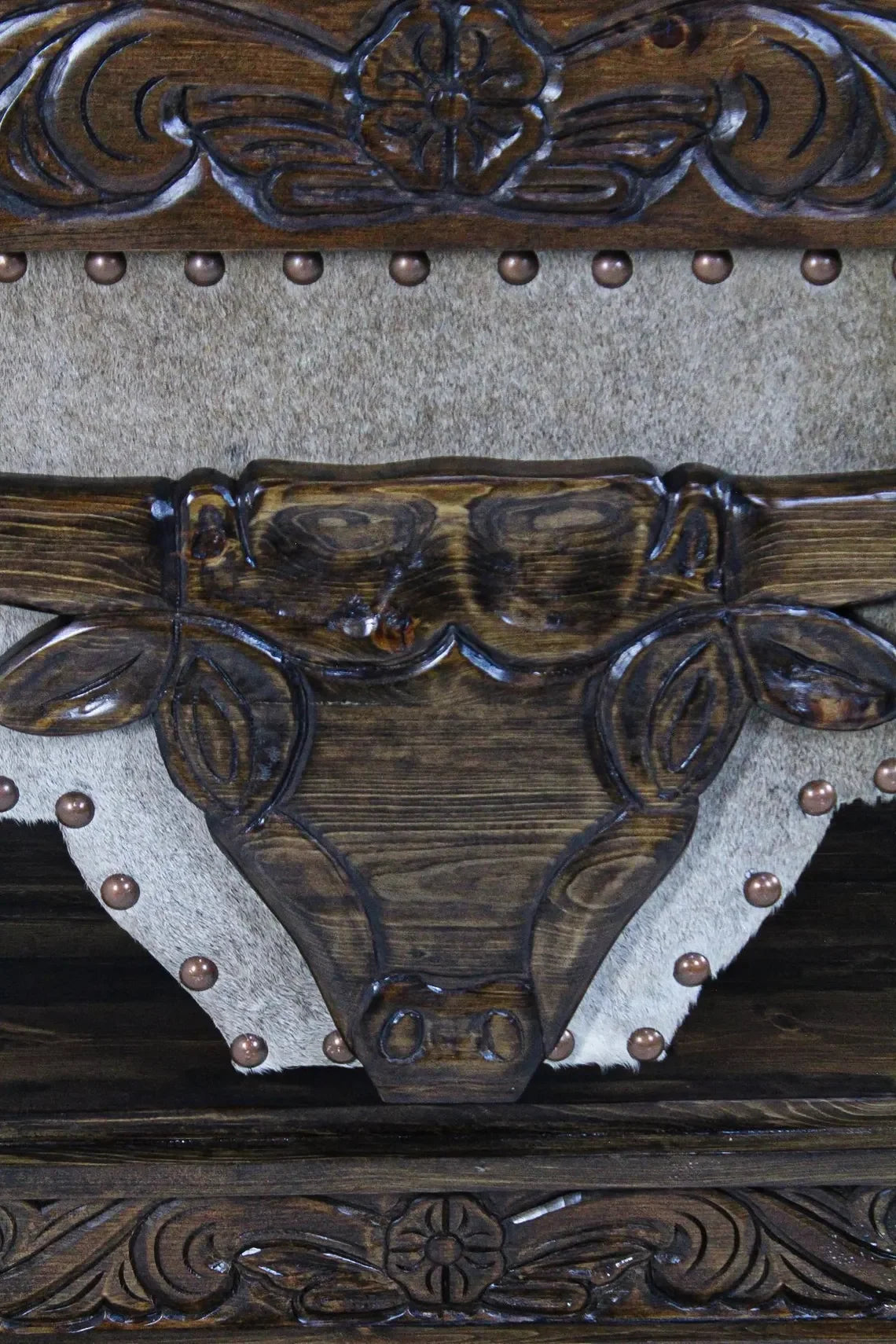 Hand carved longhorn storage console table detail - Your Western Decor