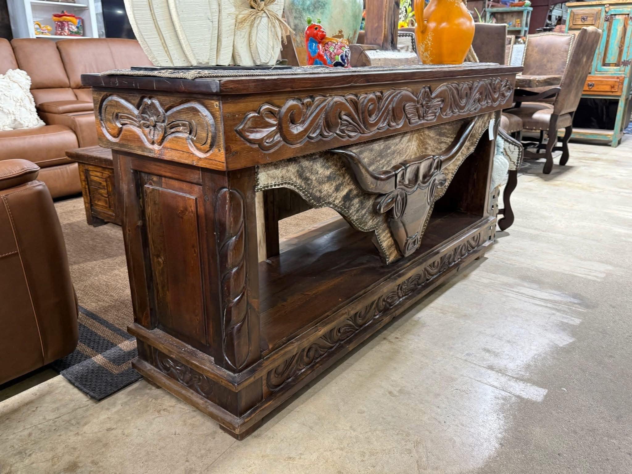 Longhorn carved western storage console table - Your Western Decor
