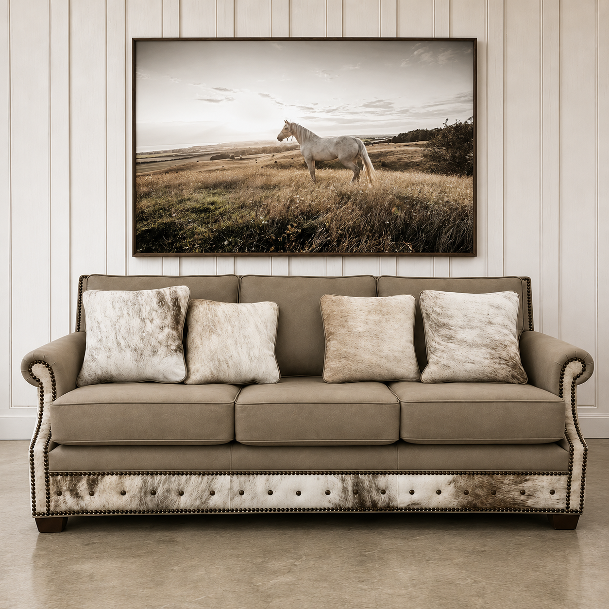 Cashmere Reserve Leather Sofa handcrafted in the USA with Cashmere grey leather and light grey brindle cowhide. Shown with White Horse Framed Art