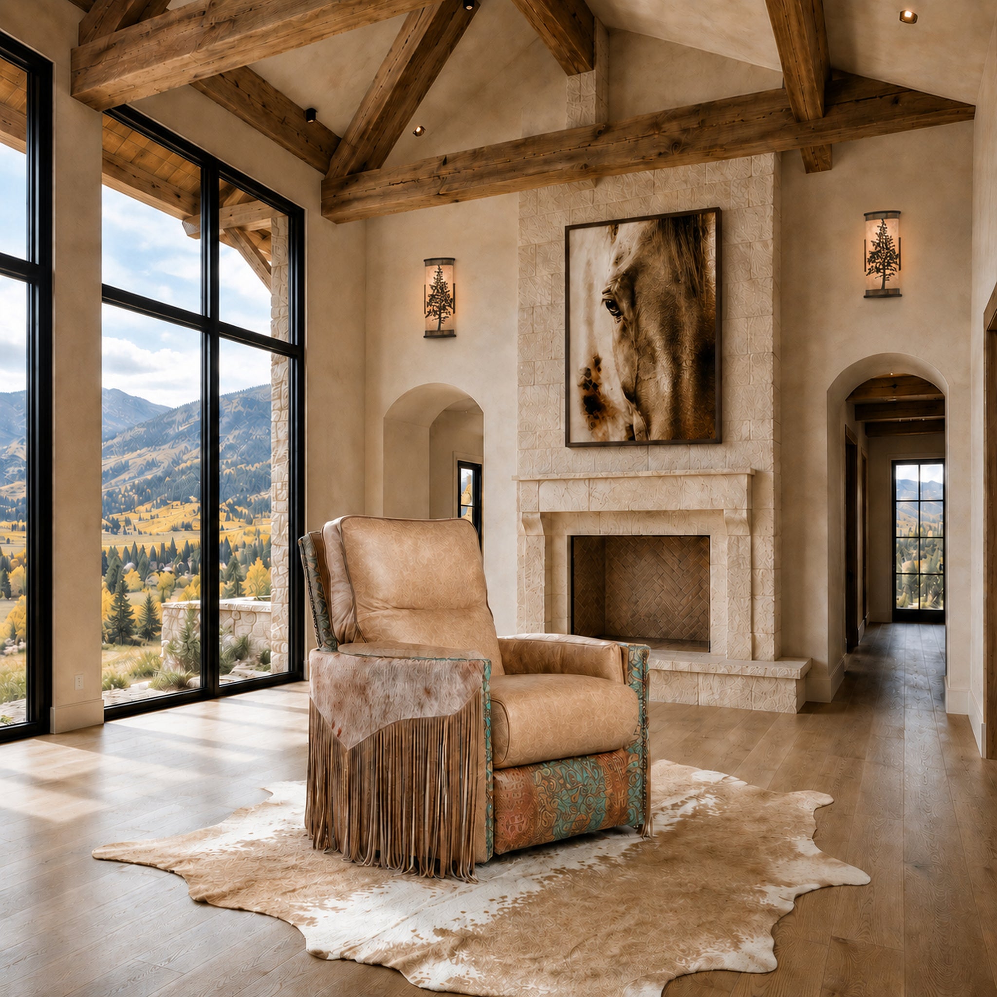A rustic western-style accent chair with fringe detailing sits on a cowhide rug in a spacious, high-ceilinged room with a stone fireplace and large windows overlooking a mountain landscape.