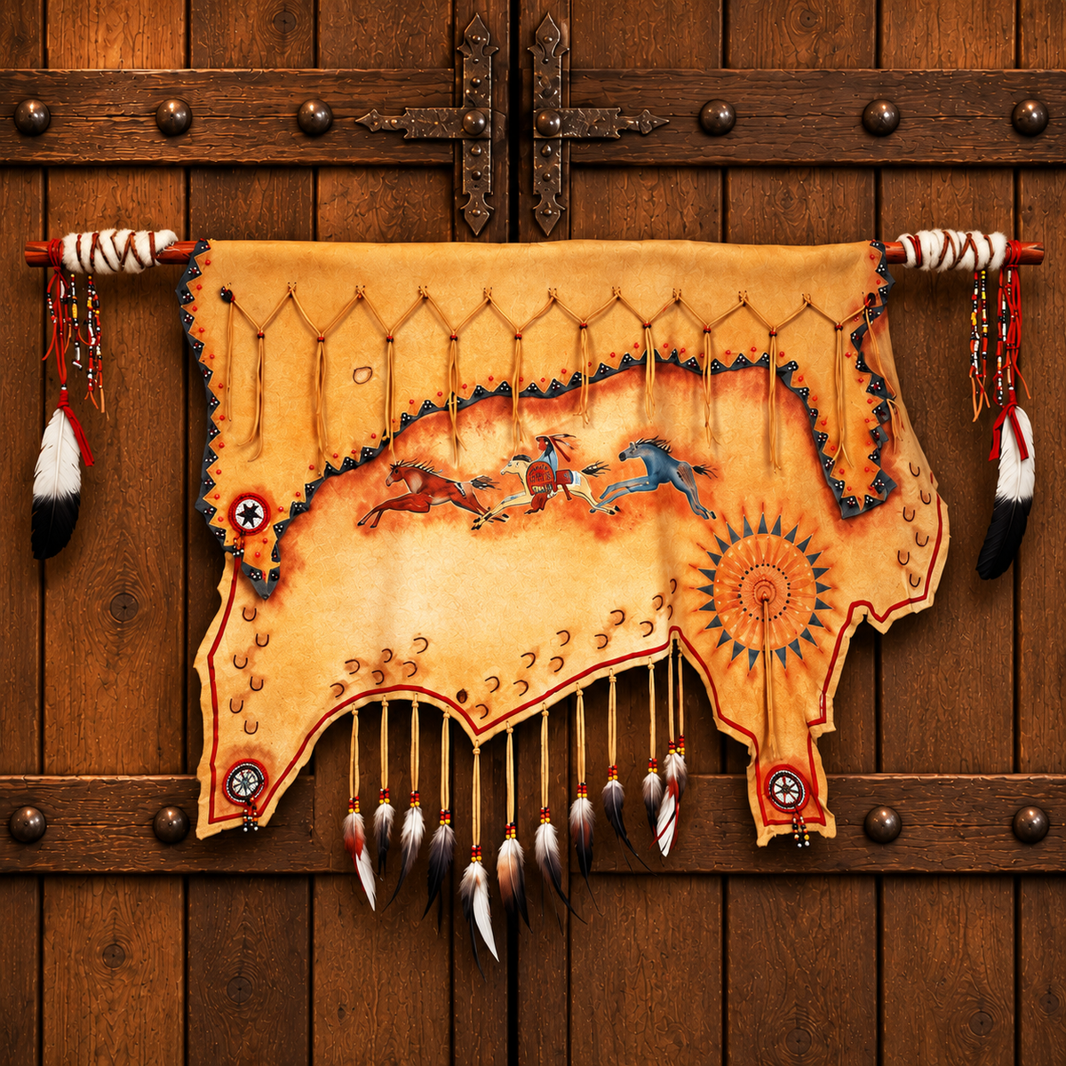 A handcrafted Native American-style leather wall hanging made of smoked deer hide, featuring painted horse imagery, geometric patterns, and hanging feathers, displayed against a rustic wooden door.