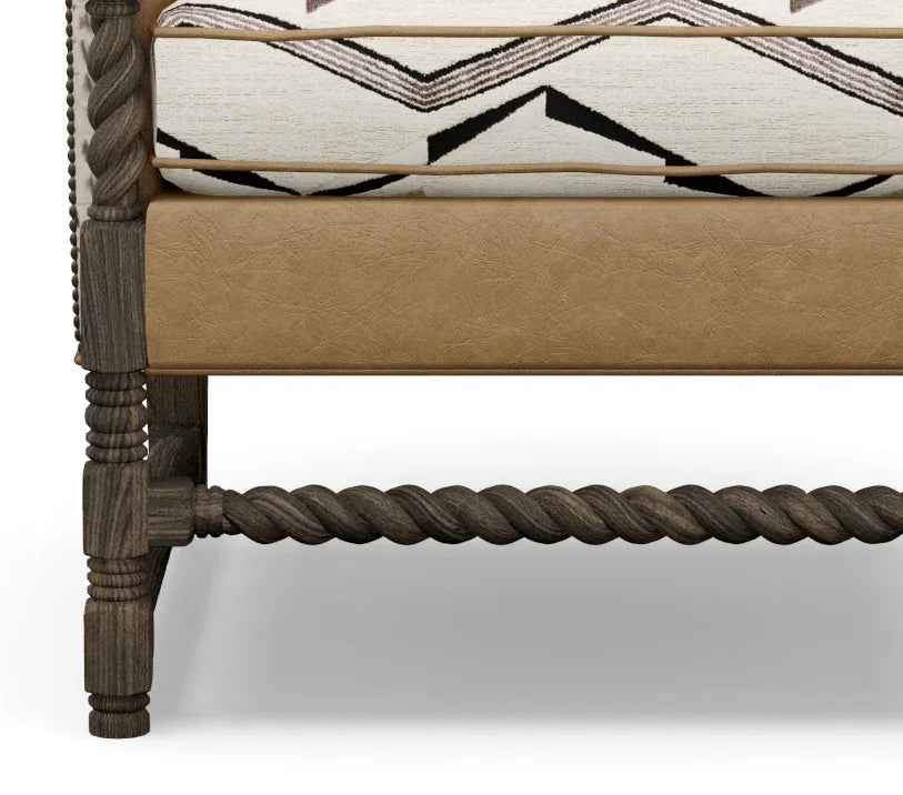 Close-up of a chair frame with rope detailing on a white background