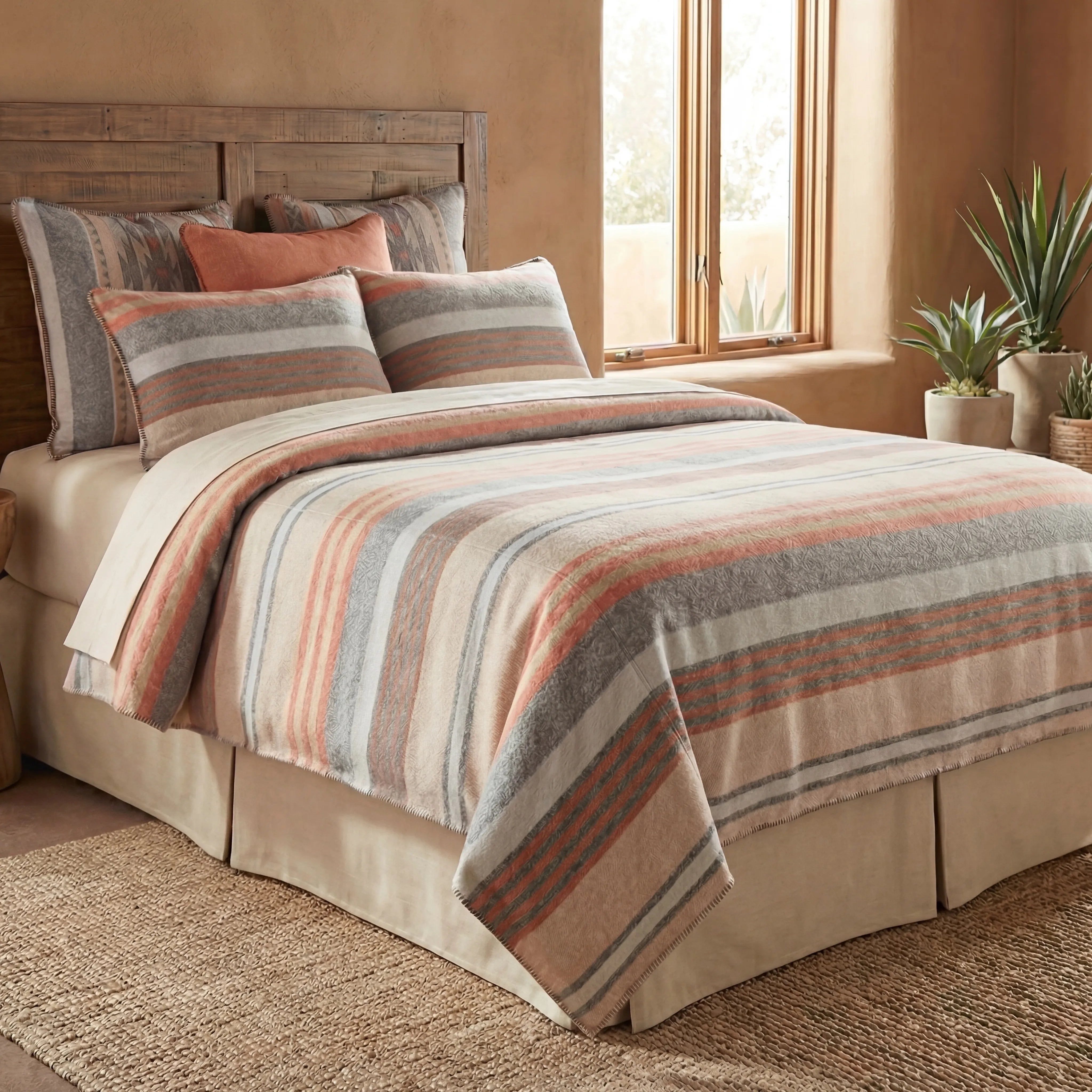 A bed dressed in a striped quilted comforter and matching pillow shams, styled in a warm rustic bedroom with a wooden headboard, window, plants, and woven rug.