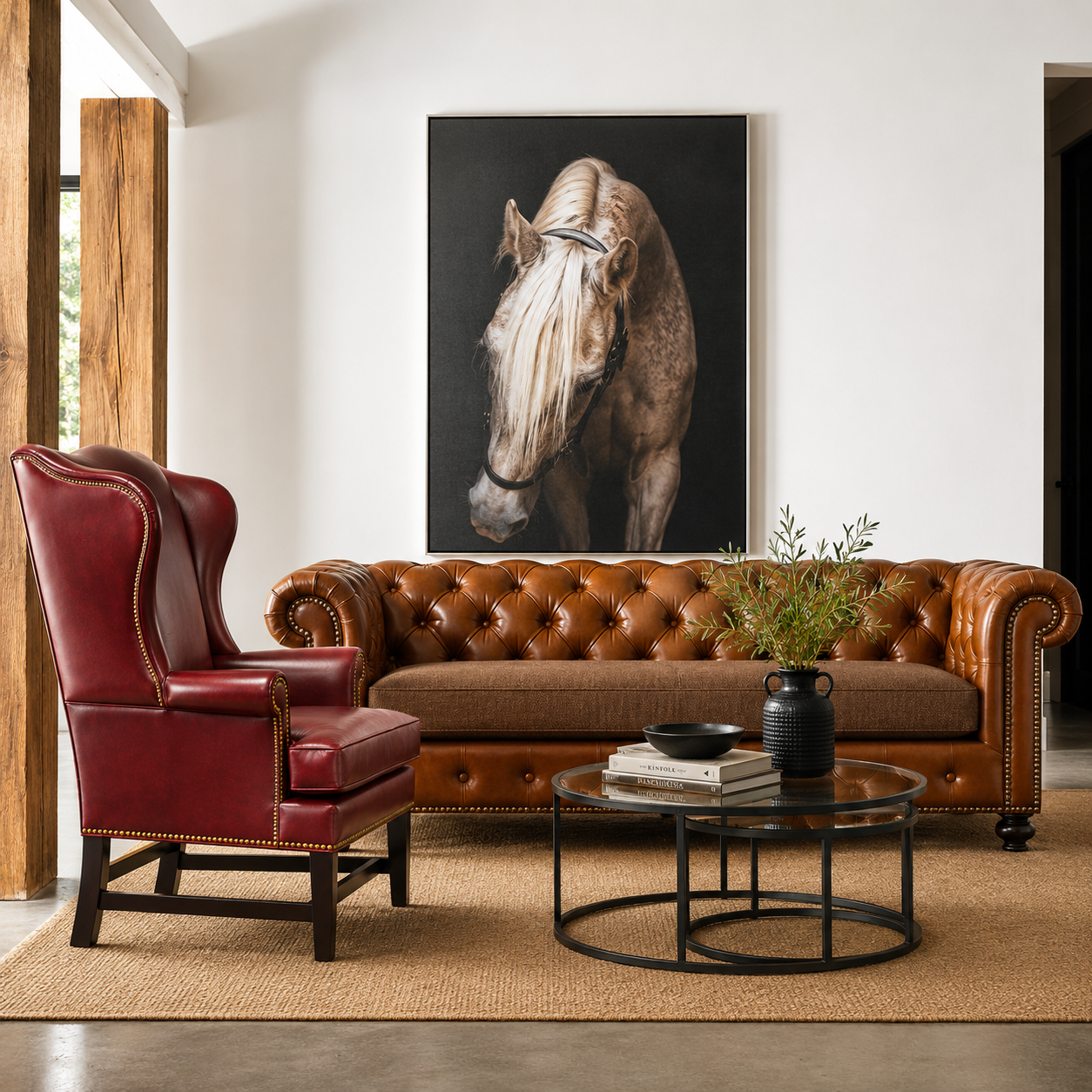 Rustic luxury leather Chesterfield sofa staged in modern ranch living room with warm western decor