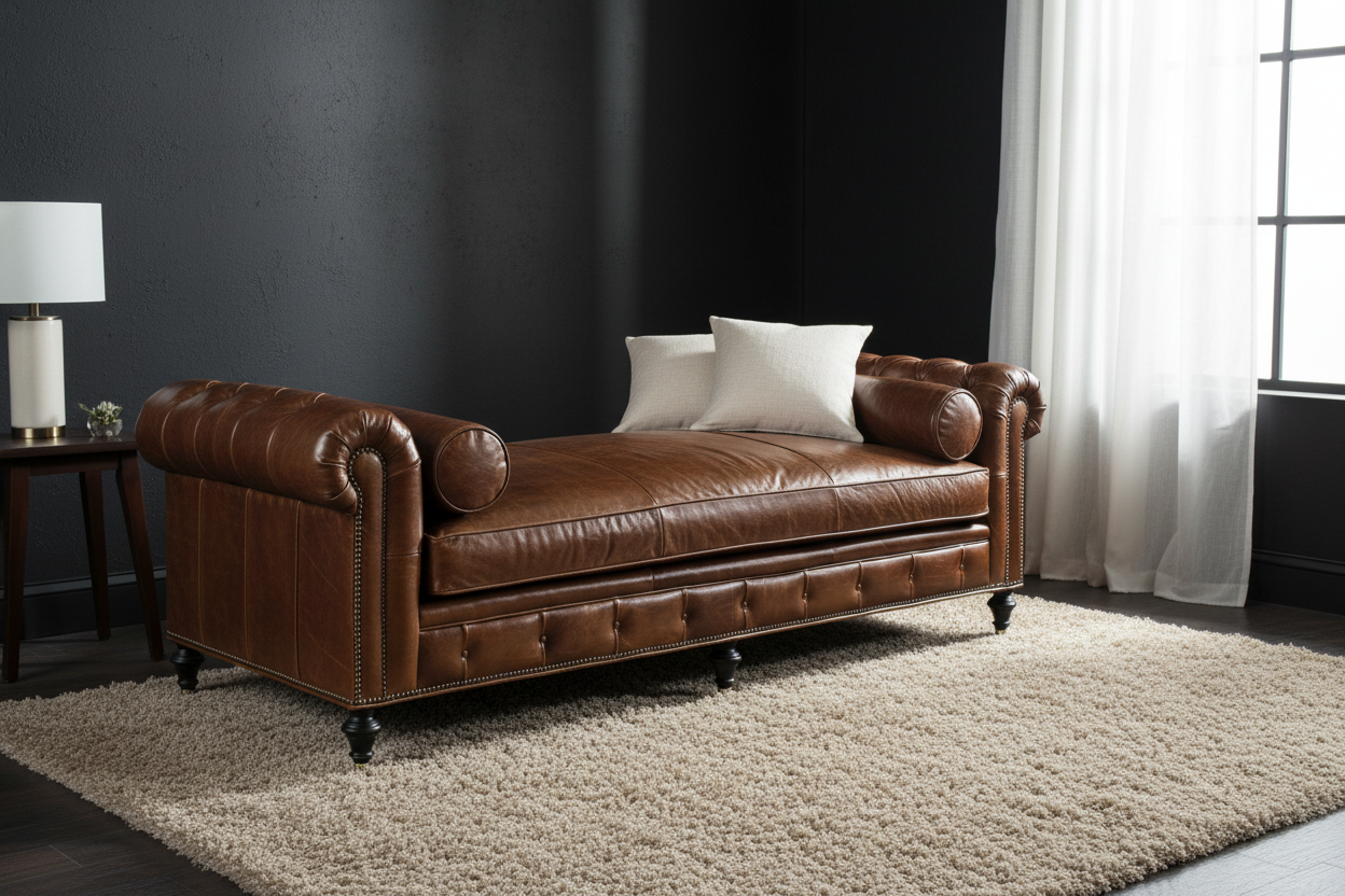 Brown leather sofa in a room with a dark wall and light curtains - Your Western Decor