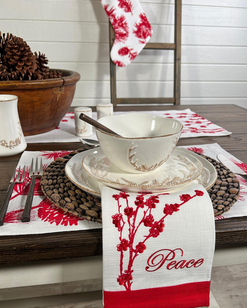 Christmas kitchen and table linens with antler and pine cone dinnerware - Your Western Decor