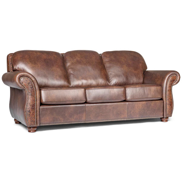 Classic brown western leather sofa with tooled leather arm accents and nail trim Made in the USA - Your Western Decor